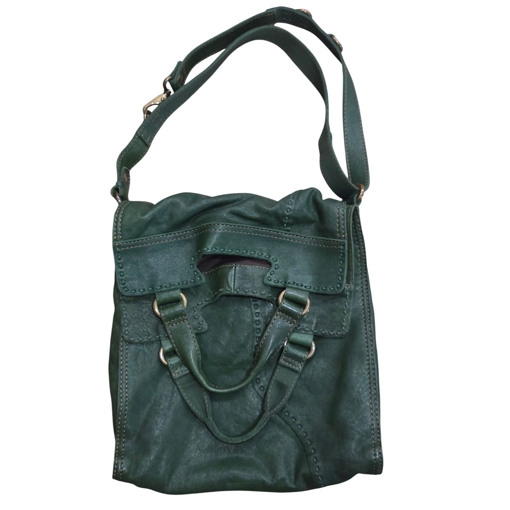 Lucky Brand Vintage Green Italian Leather Crossbody Tote Boho Slouchy Retro